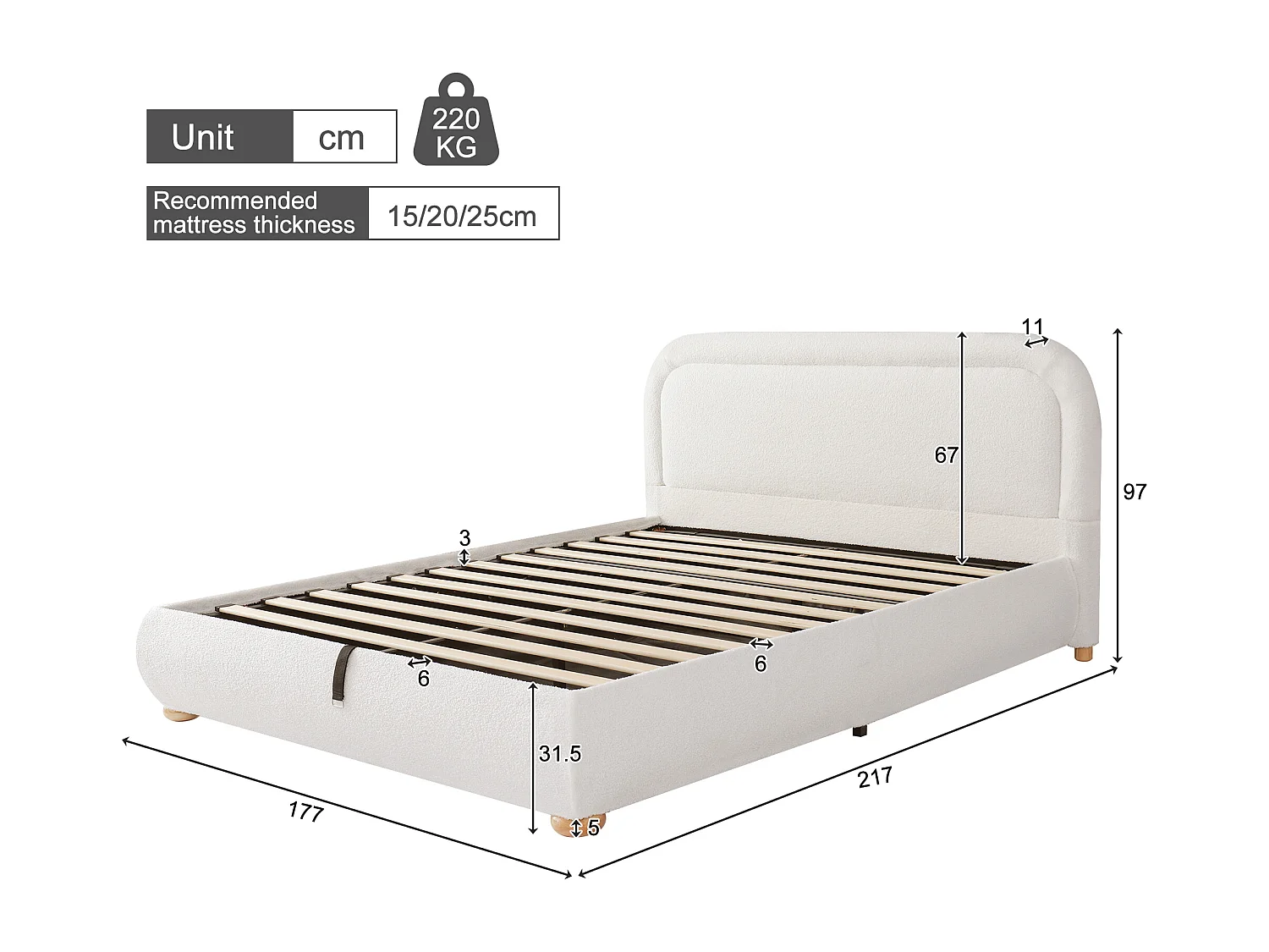 Lit coffre rembourré 160x200 cm - avec sommier à lattes - Tissu bouclé - Blanc (matelas non inclus)