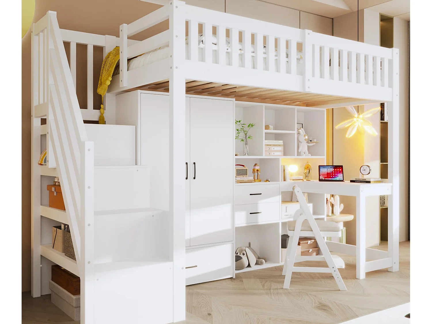 Letto soppalcato 90x200cm - con scala di riporre - con armadio - con scrivania - con 3 cassetti + scomparti di riporre - bianco