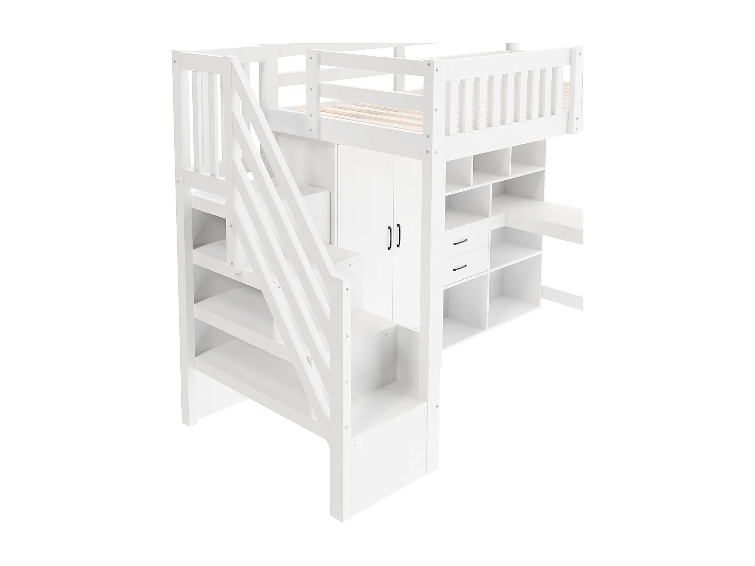 Letto soppalcato 90x200cm - con scala di riporre - con armadio - con scrivania - con 3 cassetti + scomparti di riporre - bianco