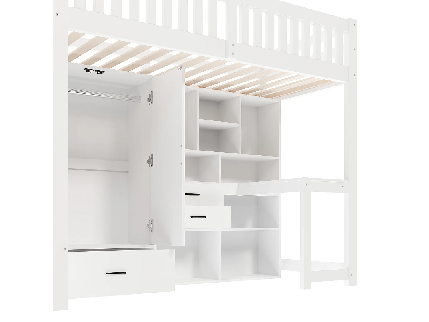 Letto soppalcato 90x200cm - con scala di riporre - con armadio - con scrivania - con 3 cassetti + scomparti di riporre - bianco