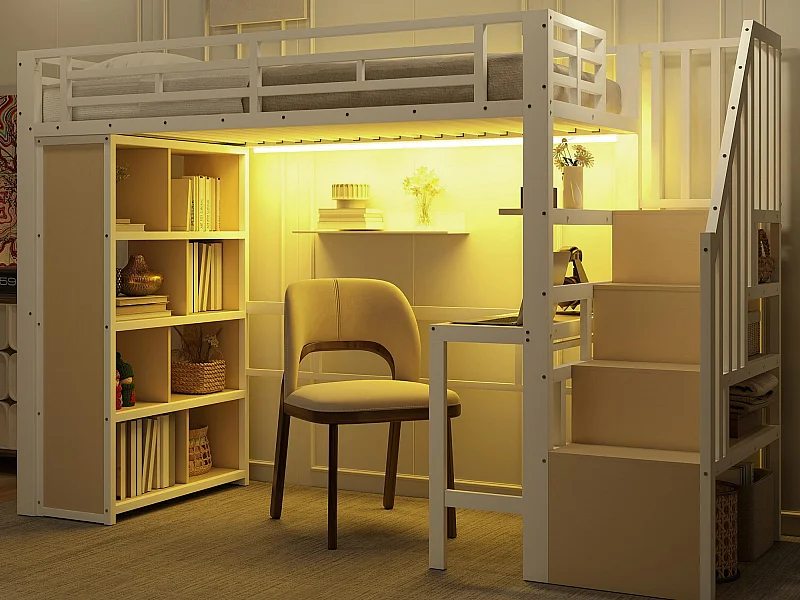 Lit mezzanine 90x200 cm - avec bureau + compartiments de rangement - avec bande lumineuse LED - avec escalier - Blanc (matelas non inclus)