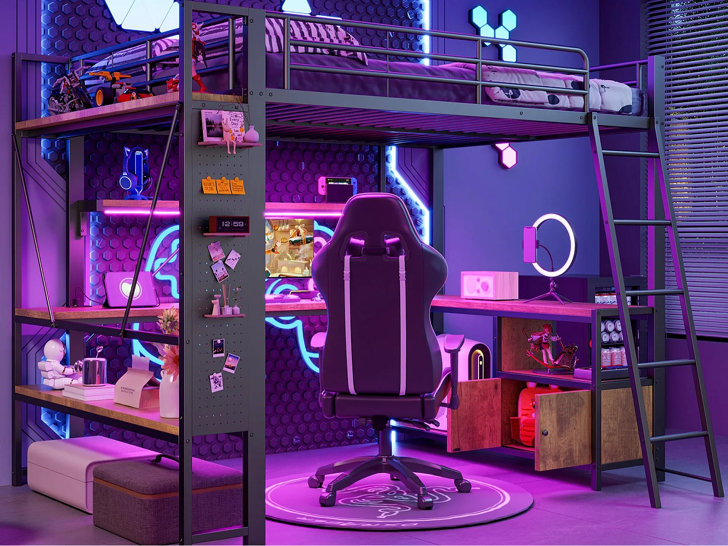 Letto soppalcato 140x200 cm - Struttura in ferro - Illuminazione LED - Scrivania con ripiano - Porta USB - Nero​ (materasso non incluso)