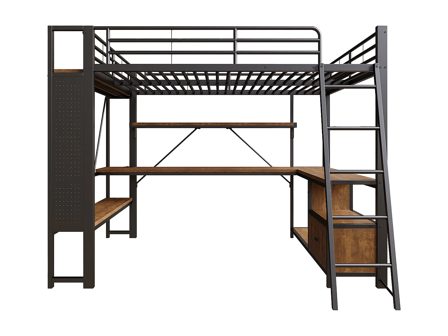 Letto soppalcato 140x200 cm - Struttura in ferro - Illuminazione LED - Scrivania con ripiano - Porta USB - Nero​ (materasso non incluso)