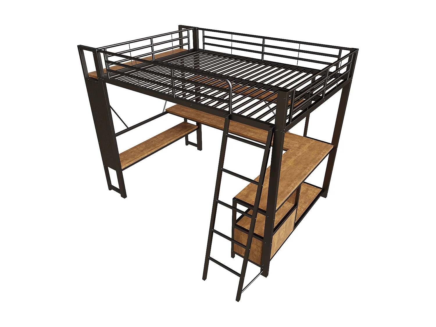 Letto soppalcato 140x200 cm - Struttura in ferro - Illuminazione LED - Scrivania con ripiano - Porta USB - Nero​ (materasso non incluso)