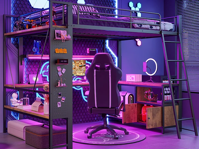 Lit mezzanine 140x200 cm - Structure en fer - Éclairage LED - Bureau avec étagère - Port USB - Noir (matelas non inclus)