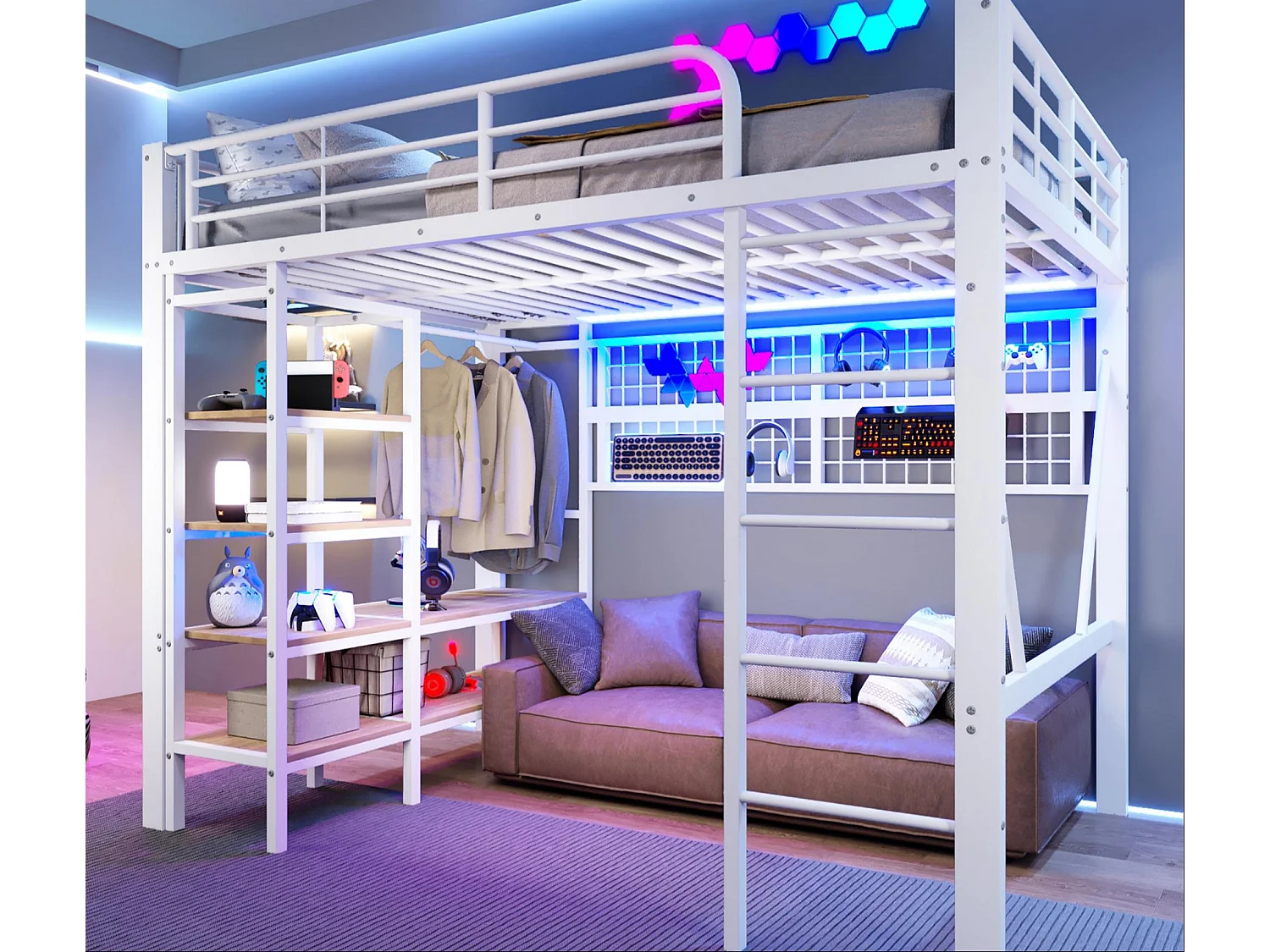 Lit mezzanine 140x200 cm - Structure en fer - avec compartiments de rangement - avec éclairage LED - Blanc (matelas non inclus)