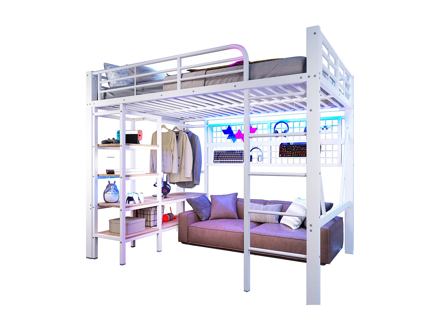 Lit mezzanine 140x200 cm - Structure en fer - avec compartiments de rangement - avec éclairage LED - Blanc (matelas non inclus)
