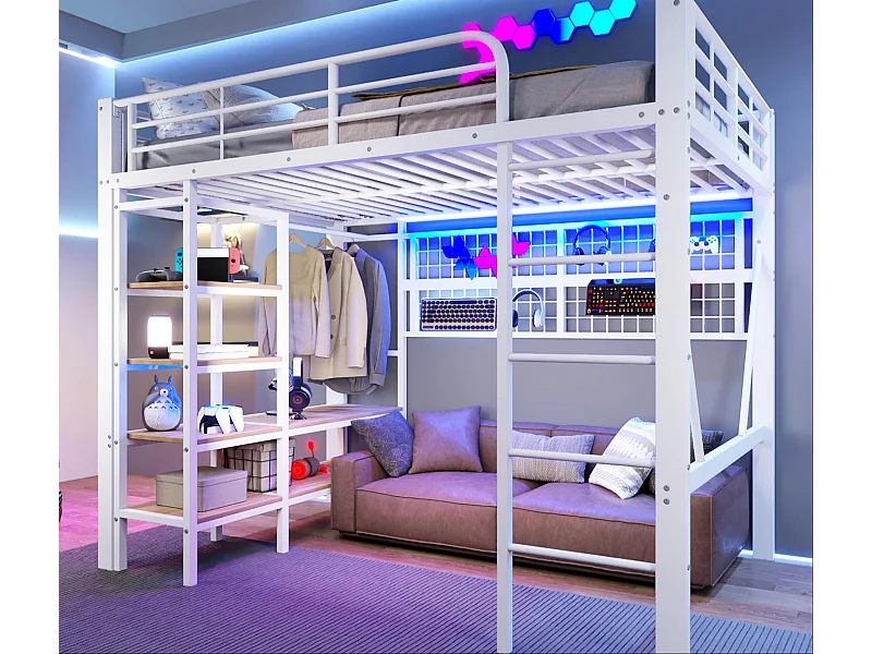 Lit mezzanine 140x200 cm - Structure en fer - avec compartiments de rangement - avec éclairage LED - Blanc (matelas non inclus)