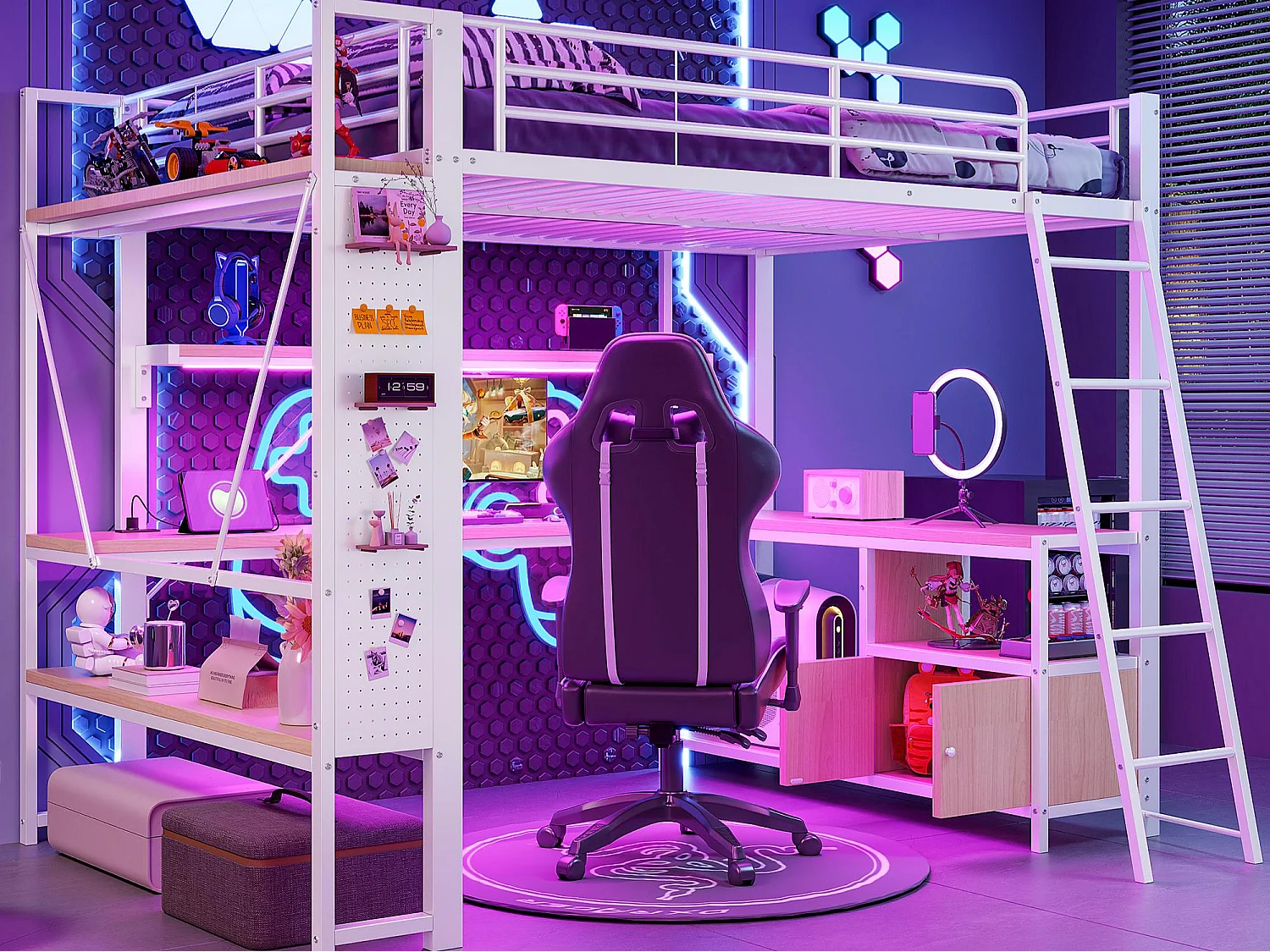 Letto soppalcato 140x200 cm - Struttura in ferro - Illuminazione LED - Scrivania con ripiano - Porta USB - Bianco​ (materasso non incluso)