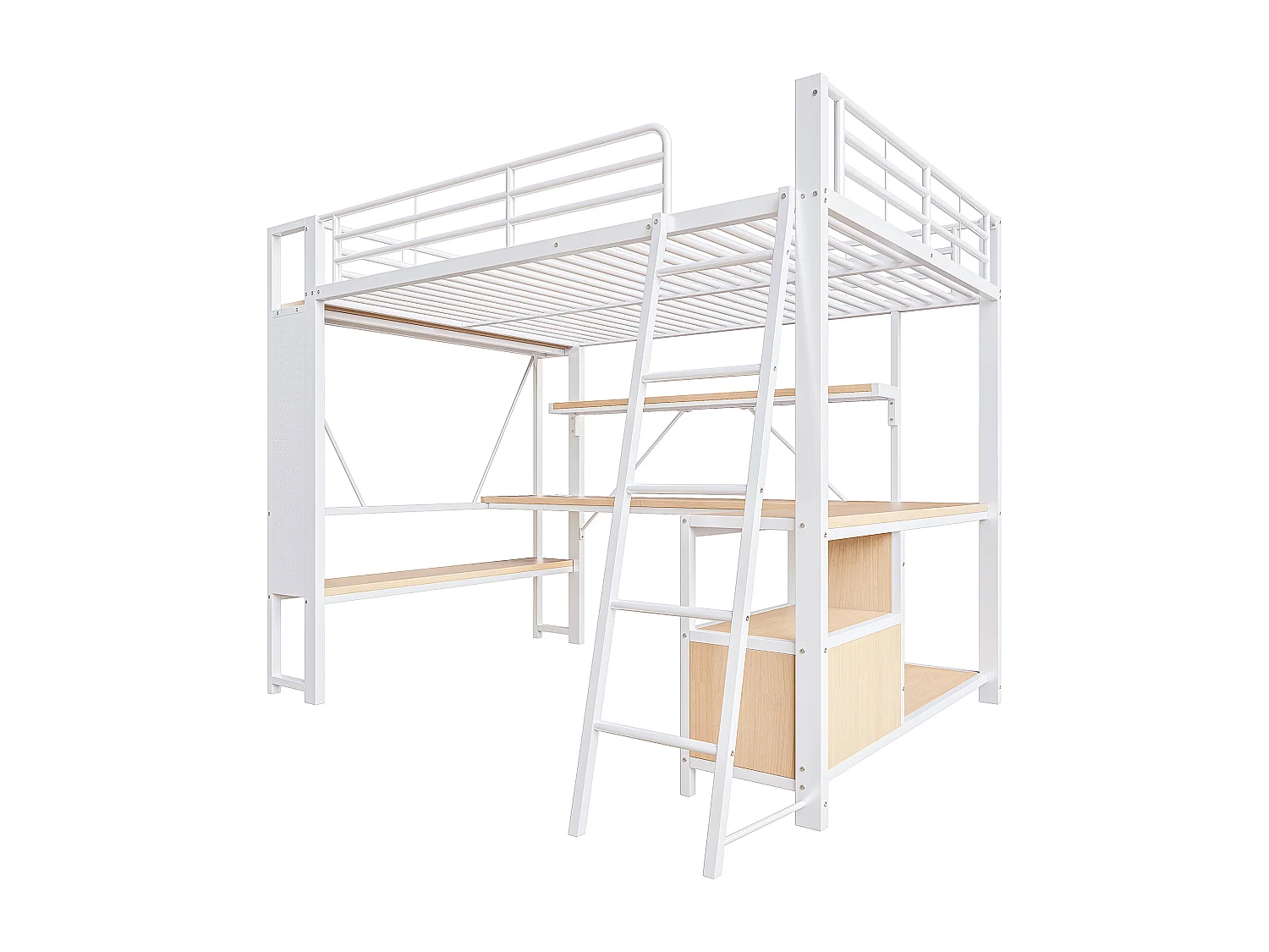 Letto soppalcato 140x200 cm - Struttura in ferro - Illuminazione LED - Scrivania con ripiano - Porta USB - Bianco​ (materasso non incluso)