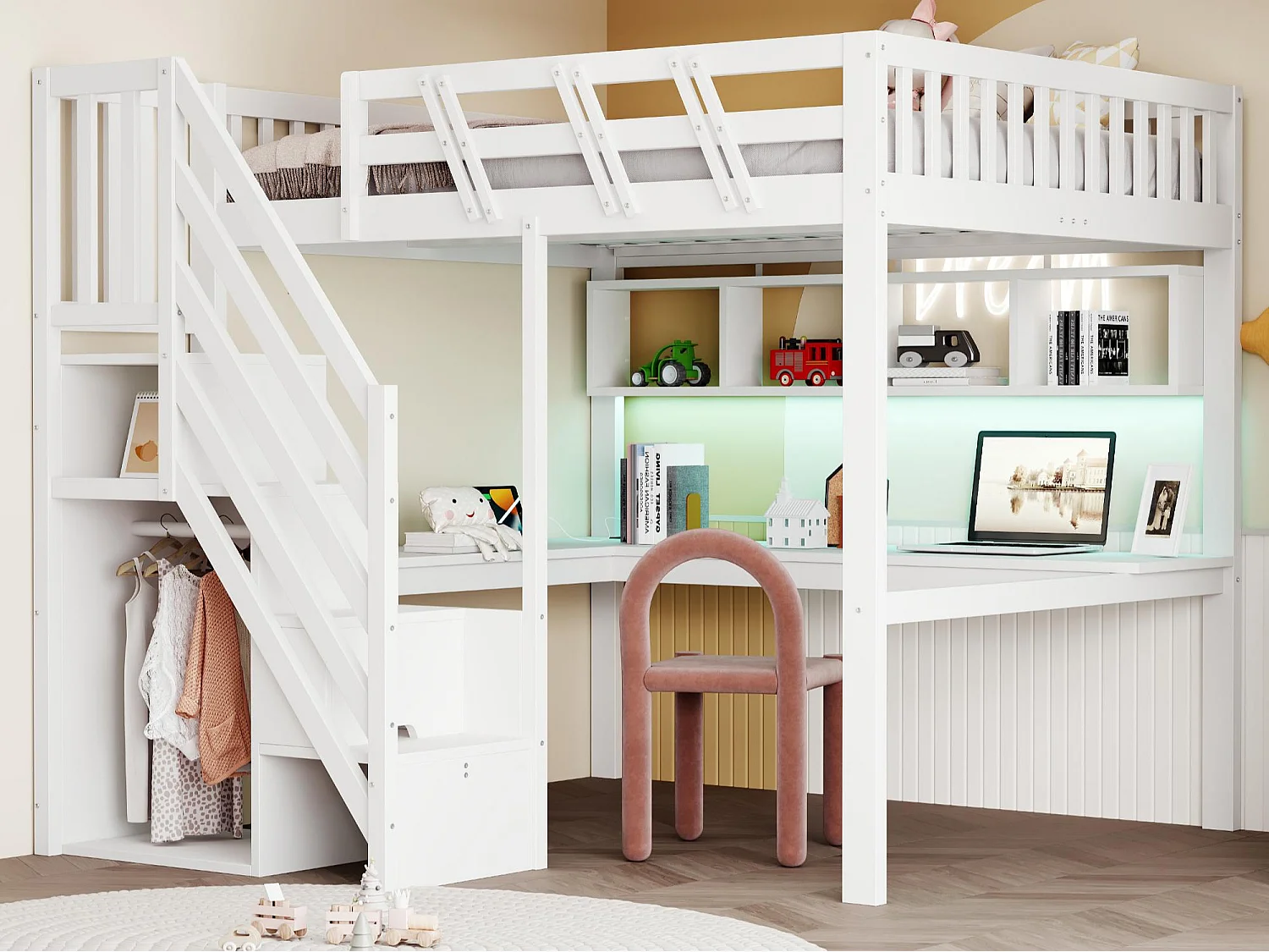 Hochbett 140x200cm - mit Aufstiegsleiter mit Stauraum - mit Schreibtisch - USB-Anschluss - mit LED-Beleuchtung - weiß​ (Matratze nicht inbegriffen)