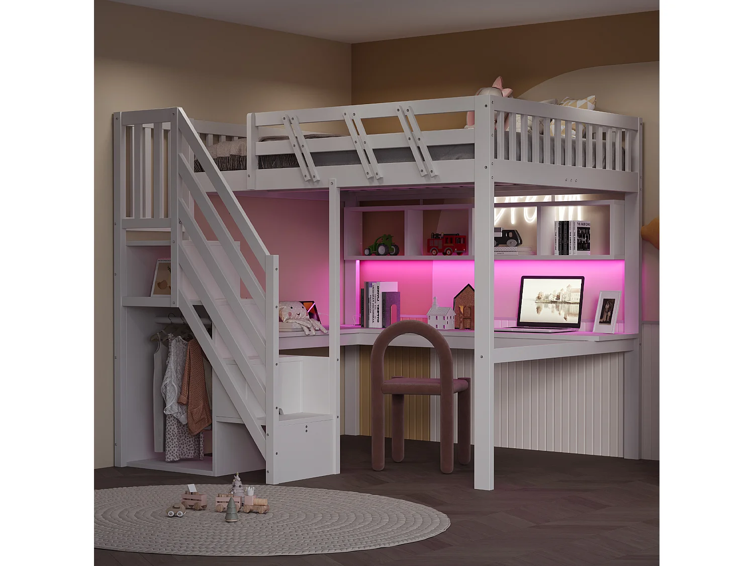 Hochbett 140x200cm - mit Aufstiegsleiter mit Stauraum - mit Schreibtisch - USB-Anschluss - mit LED-Beleuchtung - weiß​ (Matratze nicht inbegriffen)
