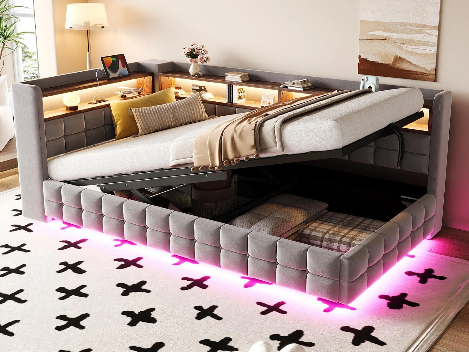 Canapé-lit coffre capitonné 90x200 cm - avec lumière LED - avec prise électrique + port USB + port de charge Type-C - Gris (matelas non inclus)
