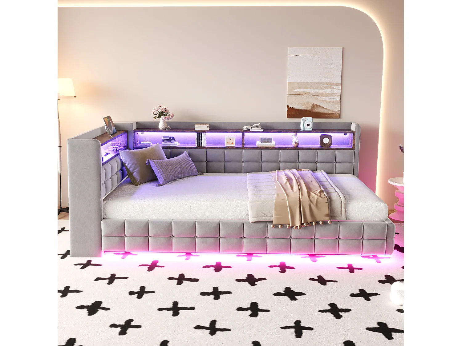 Canapé-lit coffre capitonné 90x200 cm - avec lumière LED - avec prise électrique + port USB + port de charge Type-C - Gris (matelas non inclus)