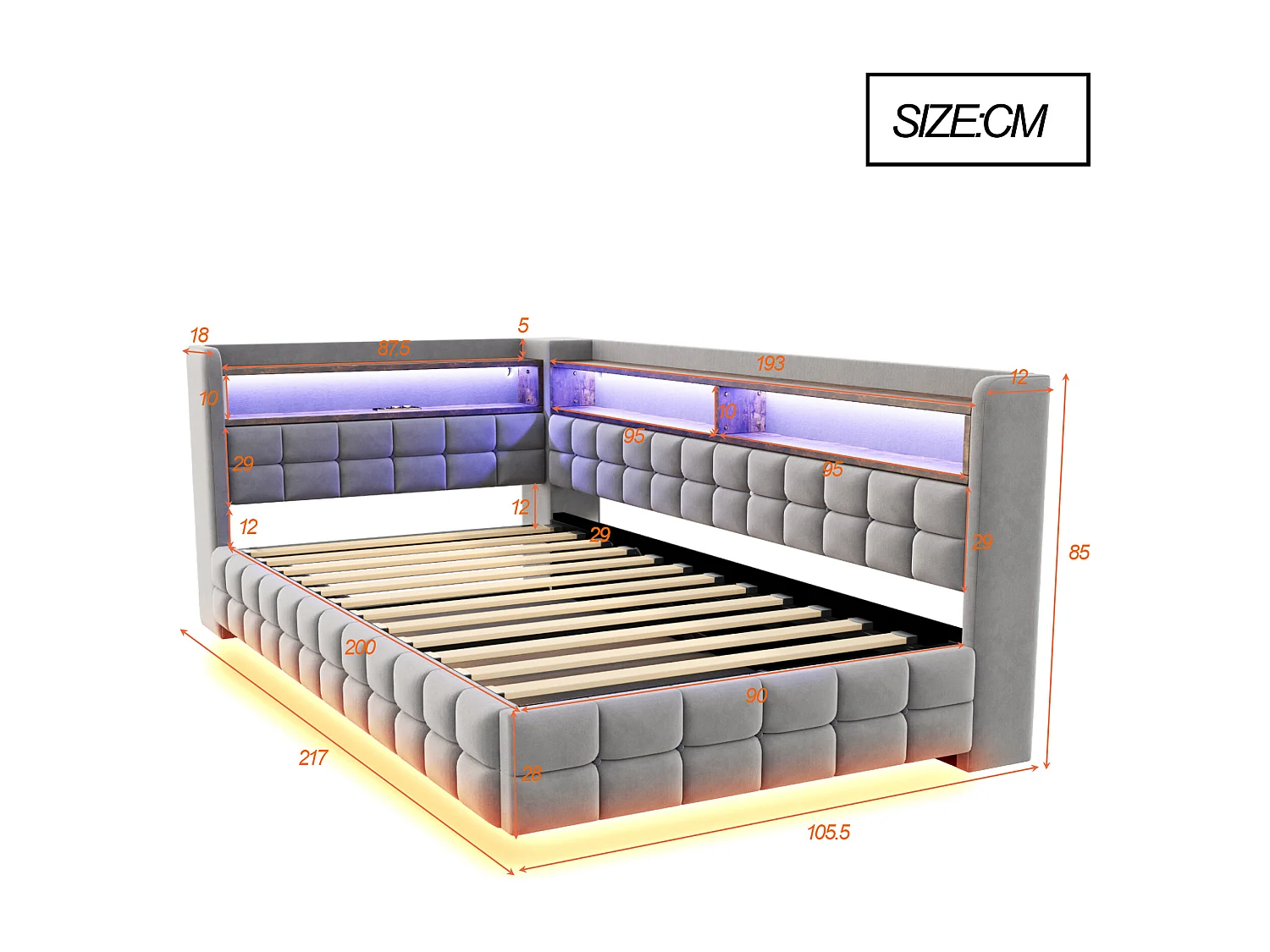 Canapé-lit coffre capitonné 90x200 cm - avec lumière LED - avec prise électrique + port USB + port de charge Type-C - Gris (matelas non inclus)