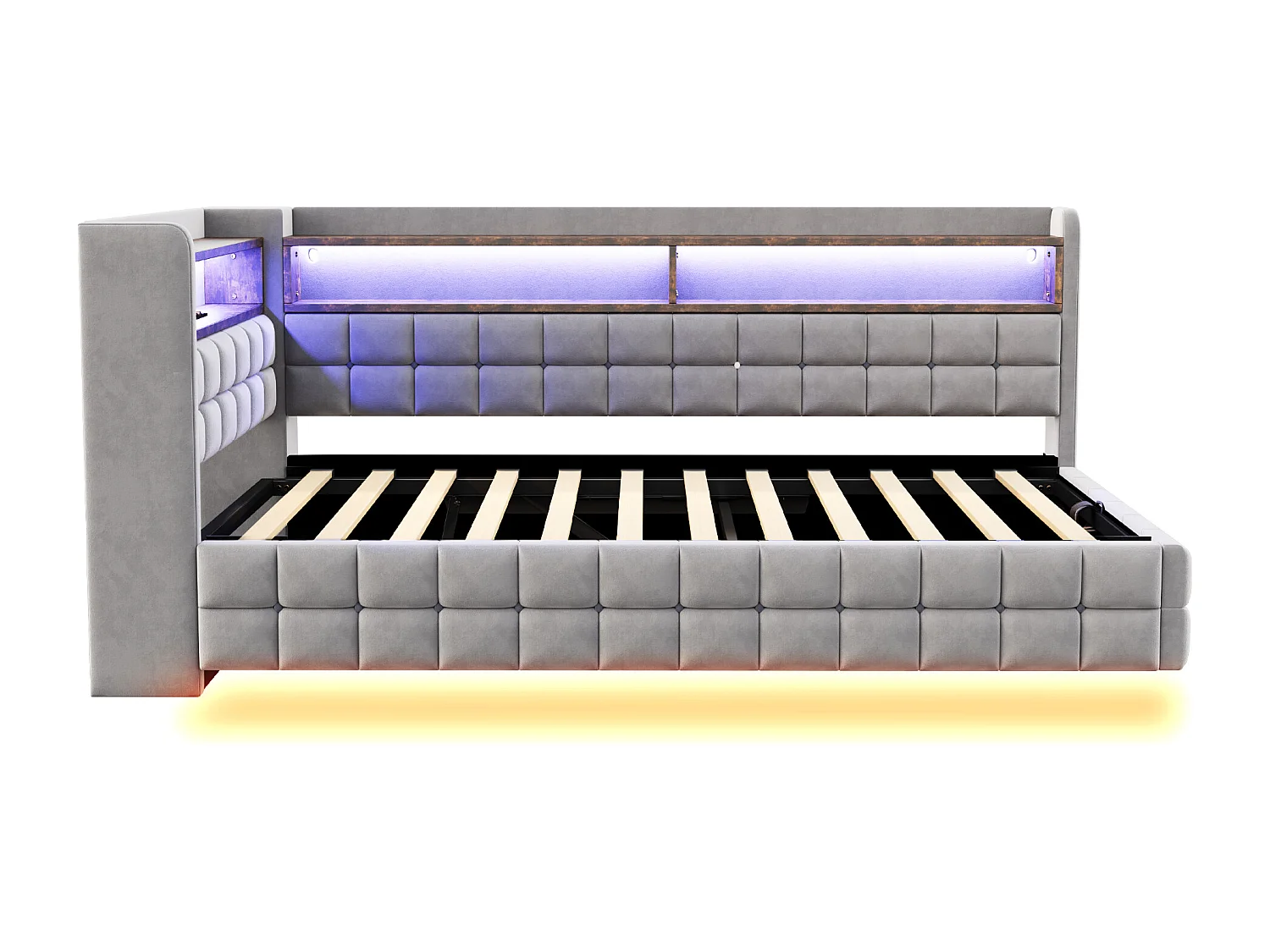 Canapé-lit coffre capitonné 90x200 cm - avec lumière LED - avec prise électrique + port USB + port de charge Type-C - Gris (matelas non inclus)