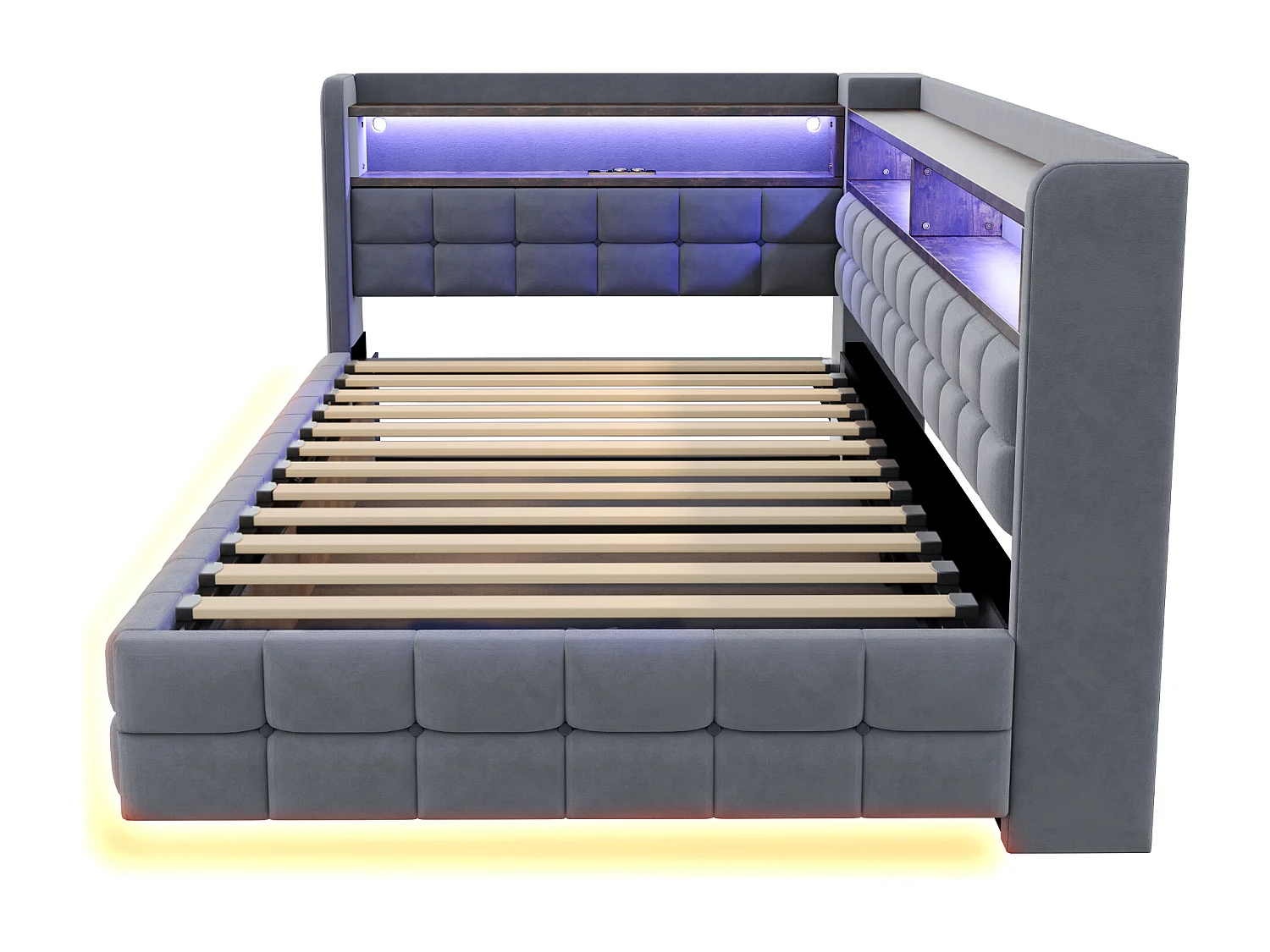 Canapé-lit coffre capitonné 90x200 cm - avec lumière LED - avec prise électrique + port USB + port de charge Type-C - Gris (matelas non inclus)