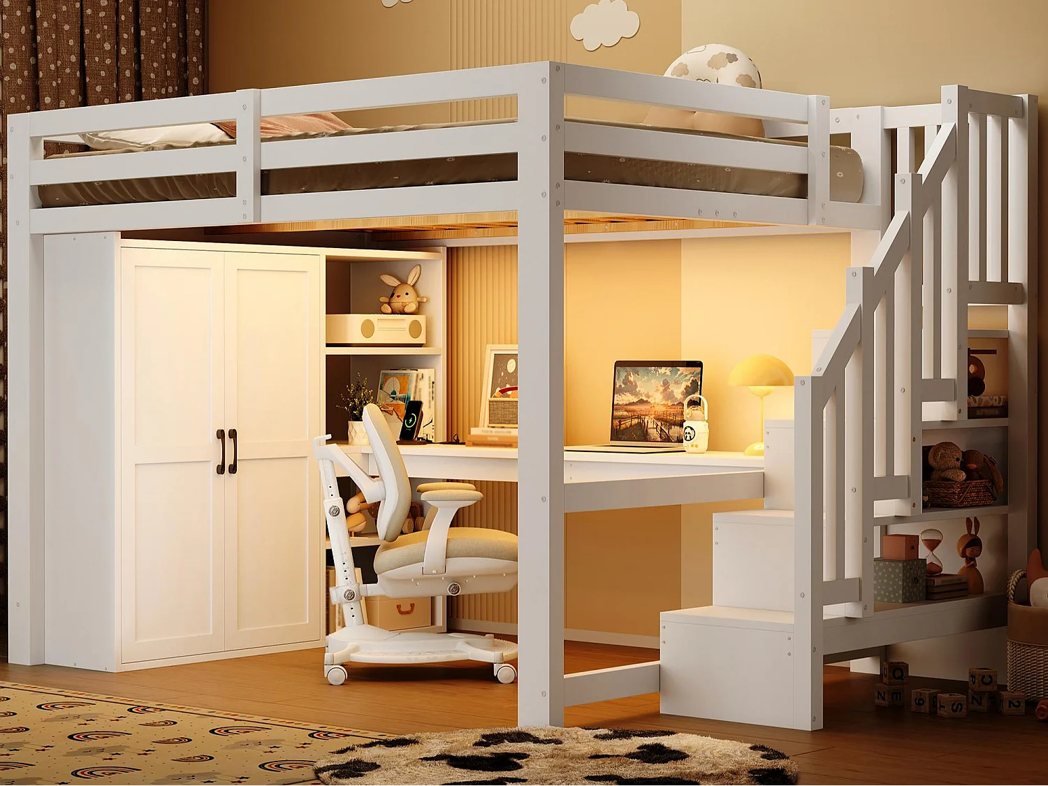 Lit mezzanine 140x200 cm - avec éclairage LED - avec bureau et armoire - échelle de rangement - port USB - blanc (matelas non inclus)