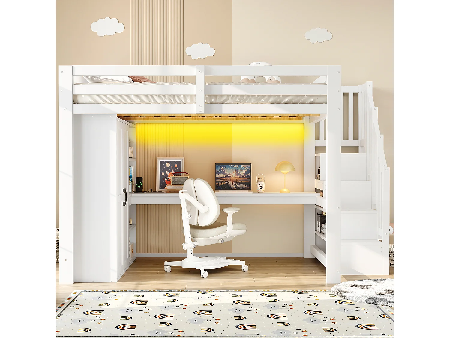 Lit mezzanine 140x200 cm - avec éclairage LED - avec bureau et armoire - échelle de rangement - port USB - blanc (matelas non inclus)