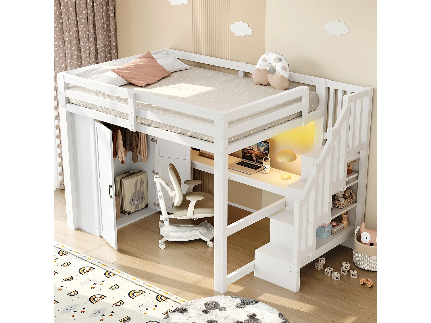 Lit mezzanine 140x200 cm - avec éclairage LED - avec bureau et armoire - échelle de rangement - port USB - blanc (matelas non inclus)