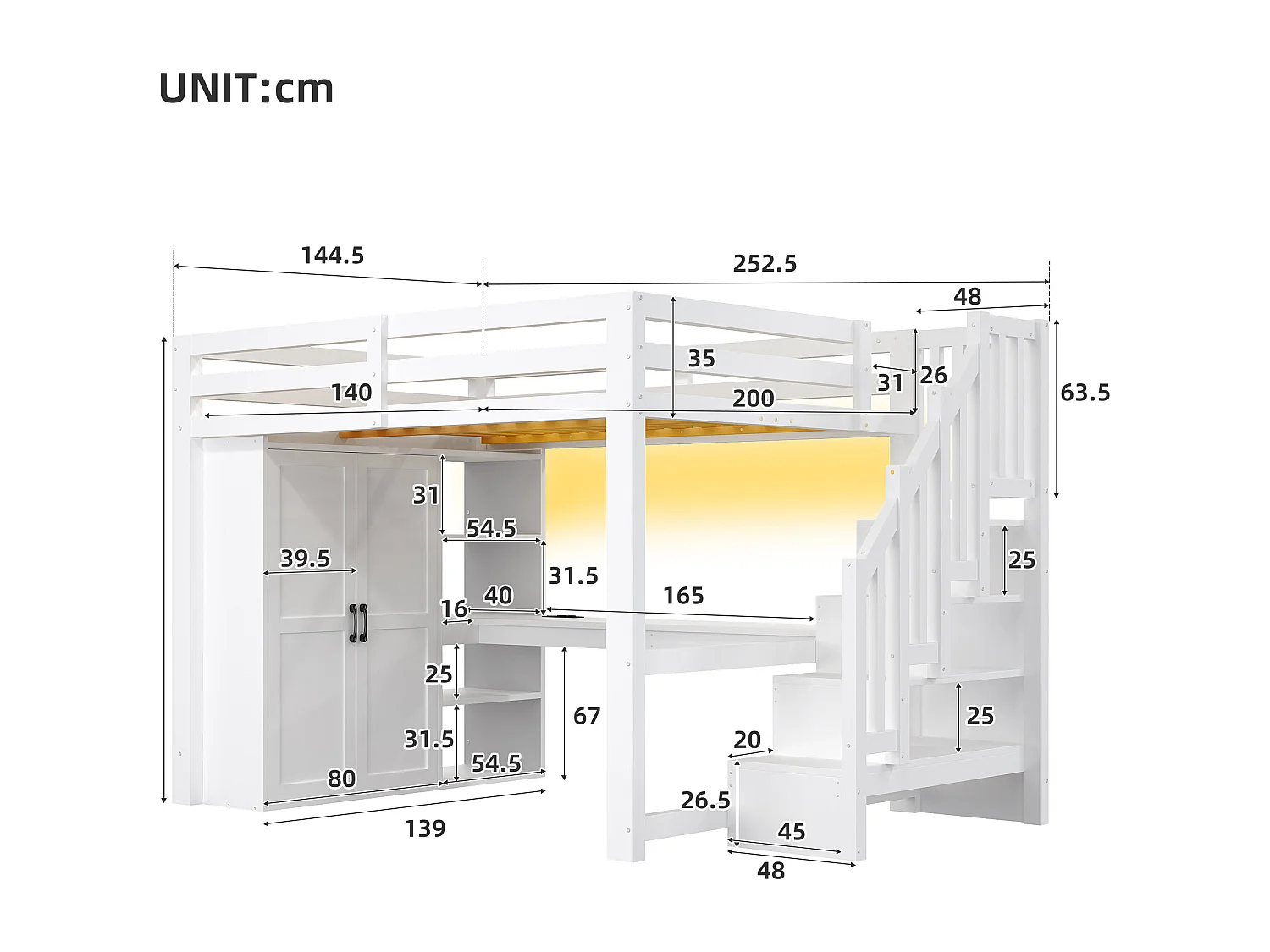 Lit mezzanine 140x200 cm - avec éclairage LED - avec bureau et armoire - échelle de rangement - port USB - blanc (matelas non inclus)