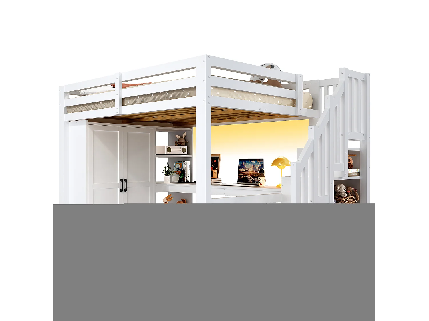 Lit mezzanine 140x200 cm - avec éclairage LED - avec bureau et armoire - échelle de rangement - port USB - blanc (matelas non inclus)