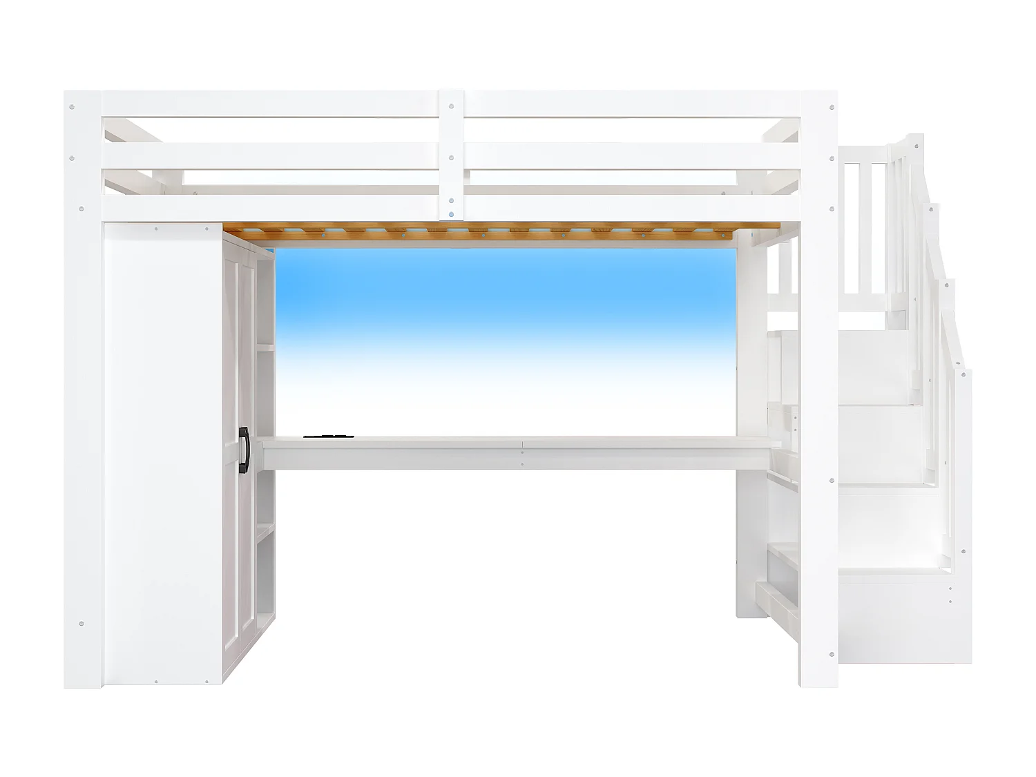 Lit mezzanine 140x200 cm - avec éclairage LED - avec bureau et armoire - échelle de rangement - port USB - blanc (matelas non inclus)