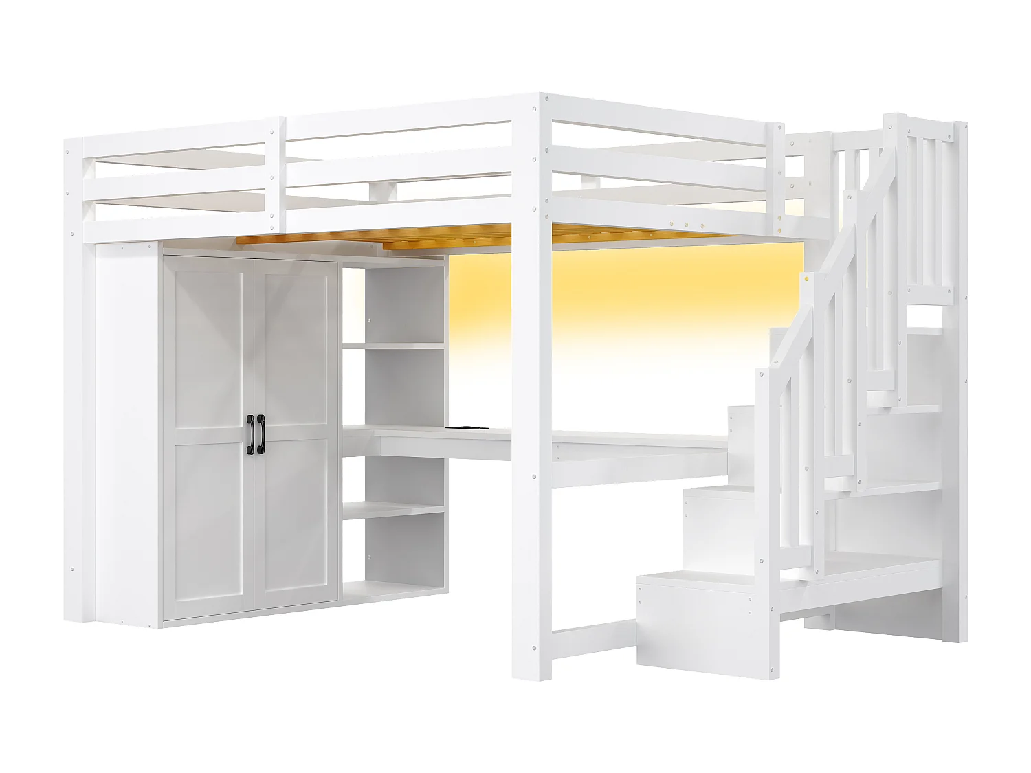 Lit mezzanine 140x200 cm - avec éclairage LED - avec bureau et armoire - échelle de rangement - port USB - blanc (matelas non inclus)