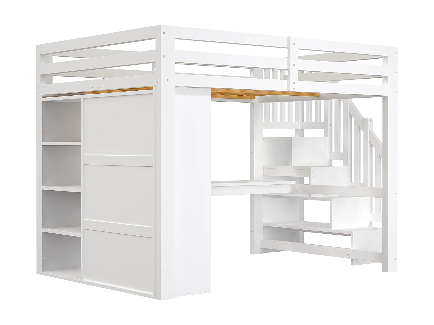 Lit mezzanine 140x200 cm - avec éclairage LED - avec bureau et armoire - échelle de rangement - port USB - blanc (matelas non inclus)