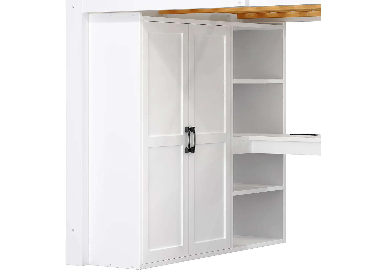 Lit mezzanine 140x200 cm - avec éclairage LED - avec bureau et armoire - échelle de rangement - port USB - blanc (matelas non inclus)