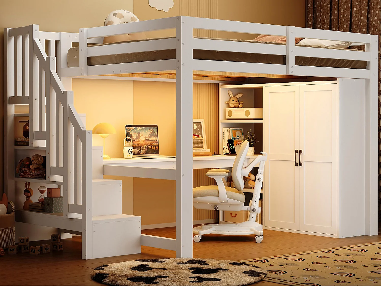 Lit mezzanine 140x200 cm - avec éclairage LED - avec bureau et armoire - échelle de rangement - port USB - blanc (matelas non inclus)