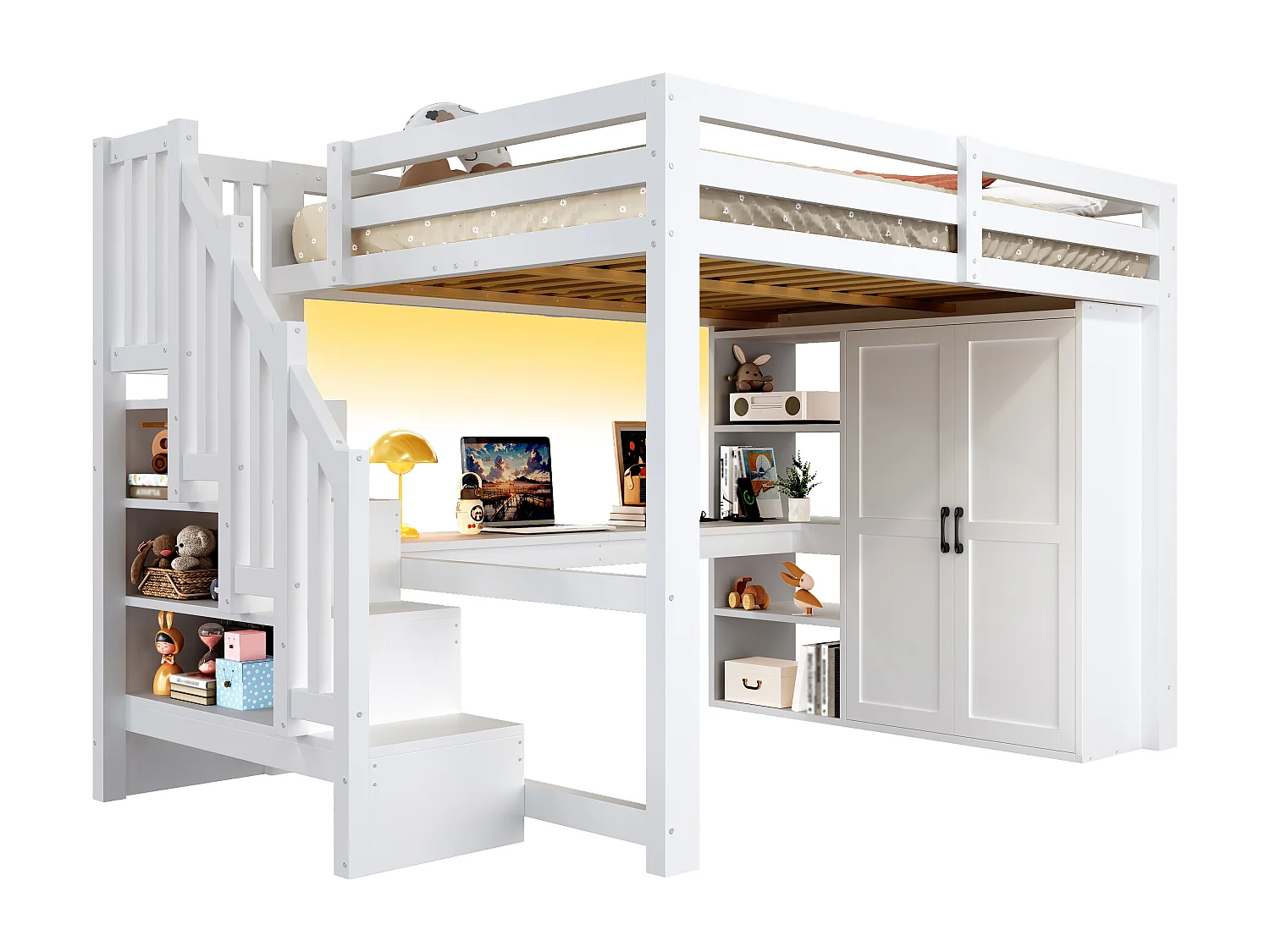 Lit mezzanine 140x200 cm - avec éclairage LED - avec bureau et armoire - échelle de rangement - port USB - blanc (matelas non inclus)