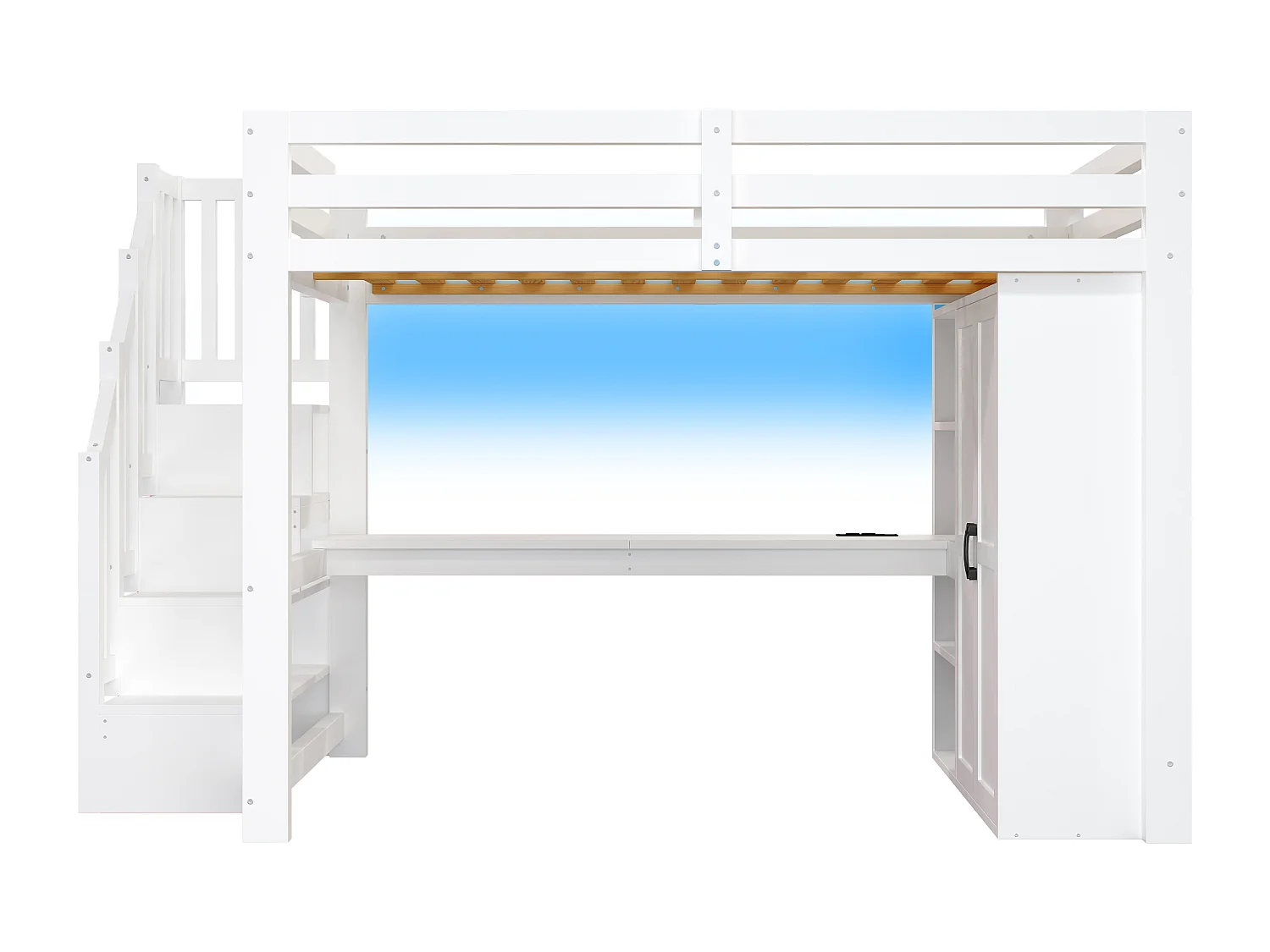Lit mezzanine 140x200 cm - avec éclairage LED - avec bureau et armoire - échelle de rangement - port USB - blanc (matelas non inclus)
