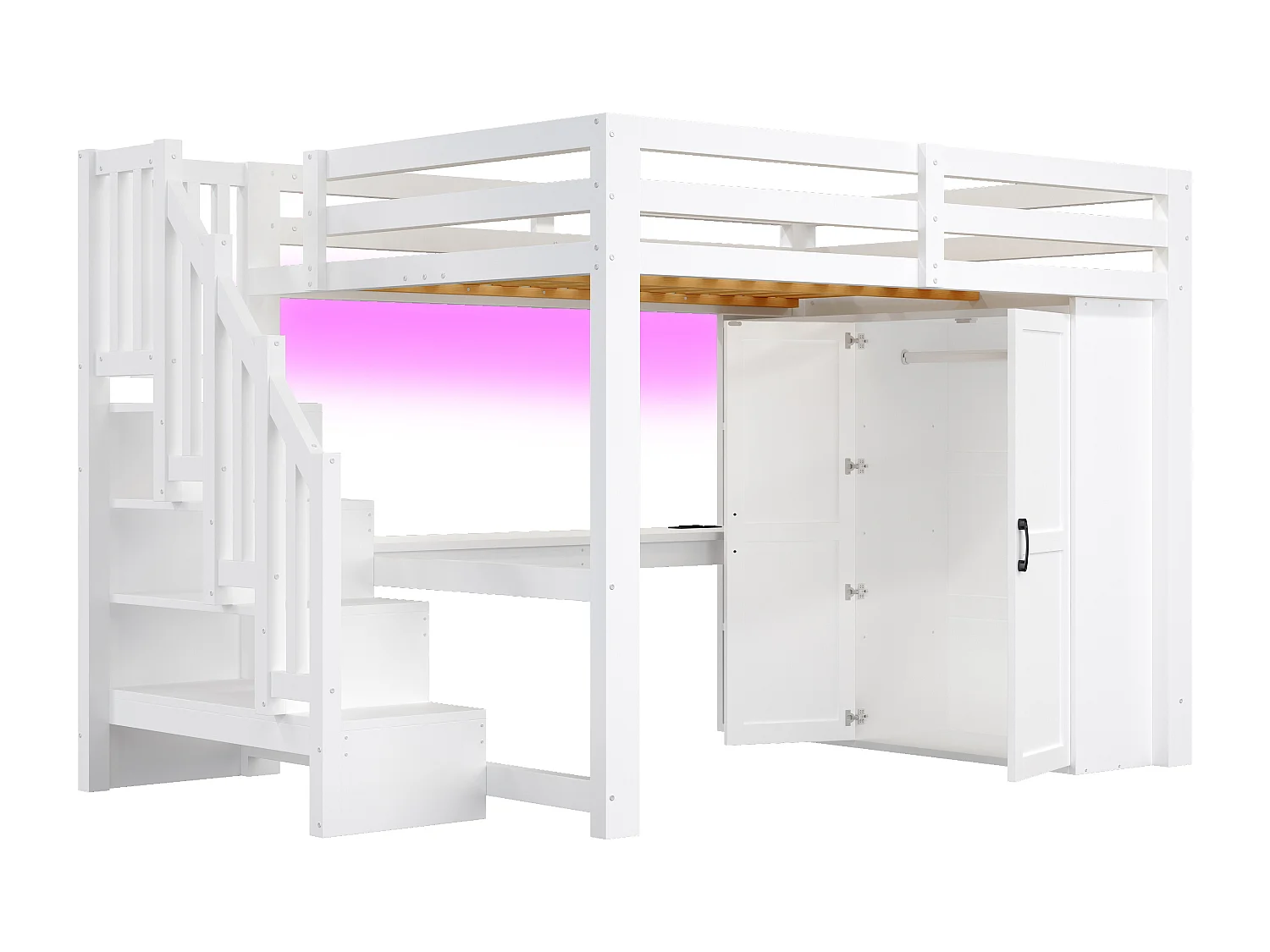 Lit mezzanine 140x200 cm - avec éclairage LED - avec bureau et armoire - échelle de rangement - port USB - blanc (matelas non inclus)