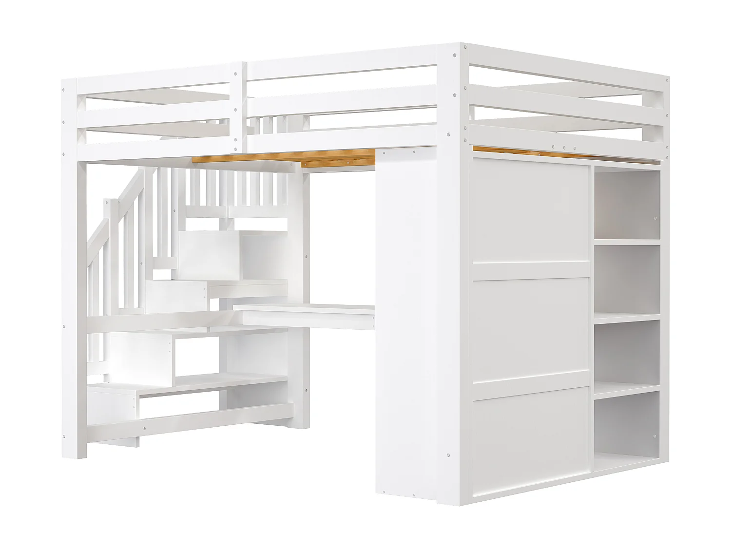 Lit mezzanine 140x200 cm - avec éclairage LED - avec bureau et armoire - échelle de rangement - port USB - blanc (matelas non inclus)