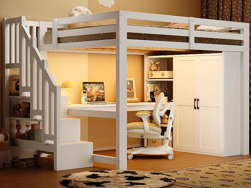 Lit mezzanine 140x200 cm - avec éclairage LED - avec bureau et armoire - échelle de rangement - port USB - blanc (matelas non inclus)