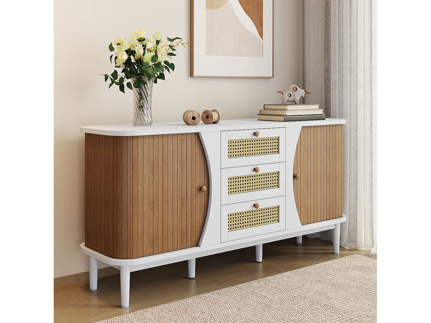 Buffet avec portes coulissantes et étagères réglables, MDF et panneaux de particules, blanc et bois (140.5x40x76cm)