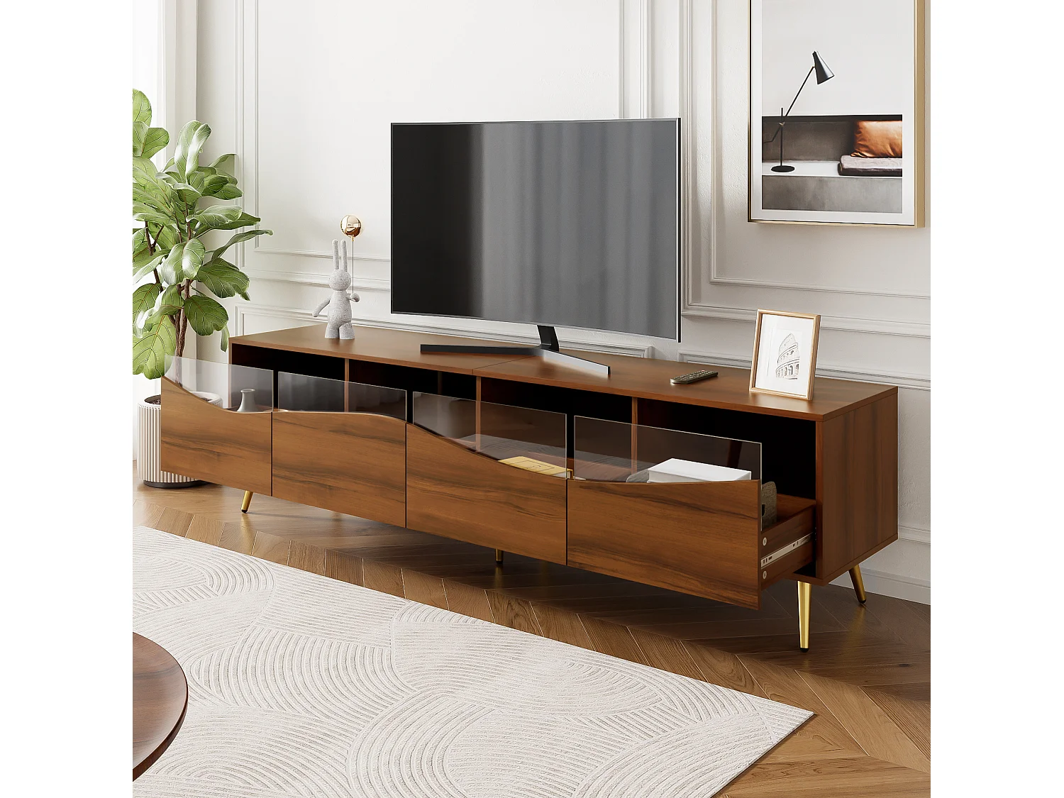 Meuble TV moderne avec éclairage LED, structure en MDF, pieds en métal doré, façades en verre et rangement (180 x 40 x 50 cm)