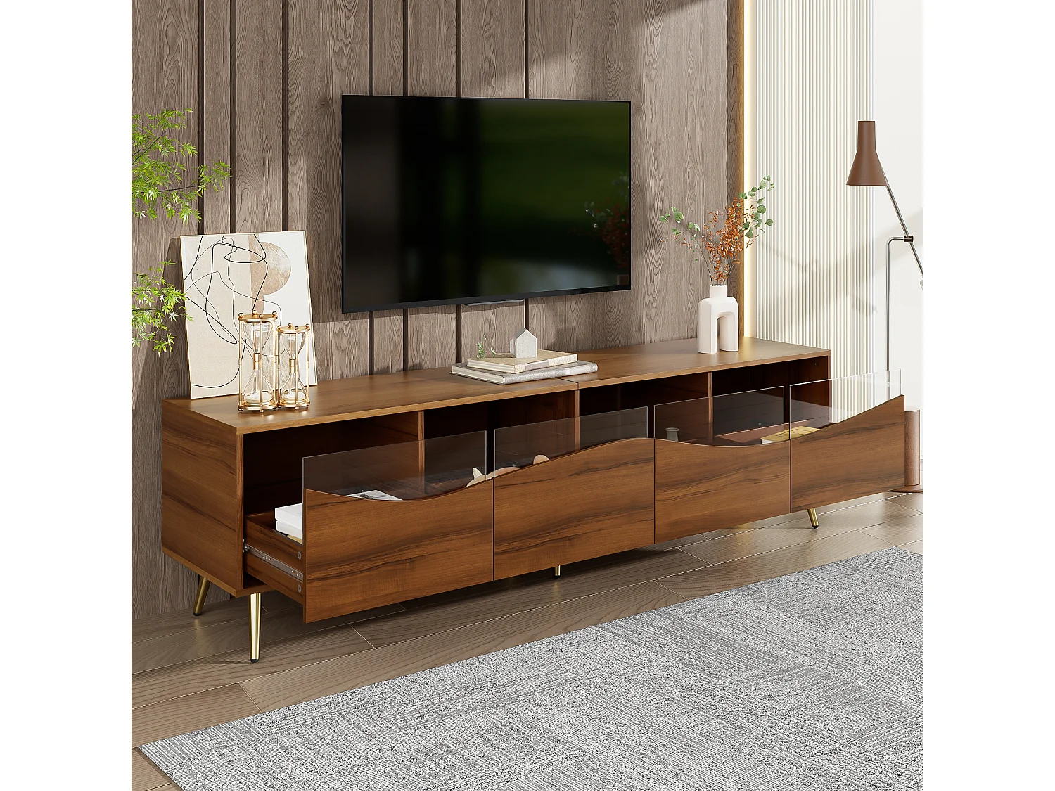 Meuble TV moderne avec éclairage LED, structure en MDF, pieds en métal doré, façades en verre et rangement (180 x 40 x 50 cm)