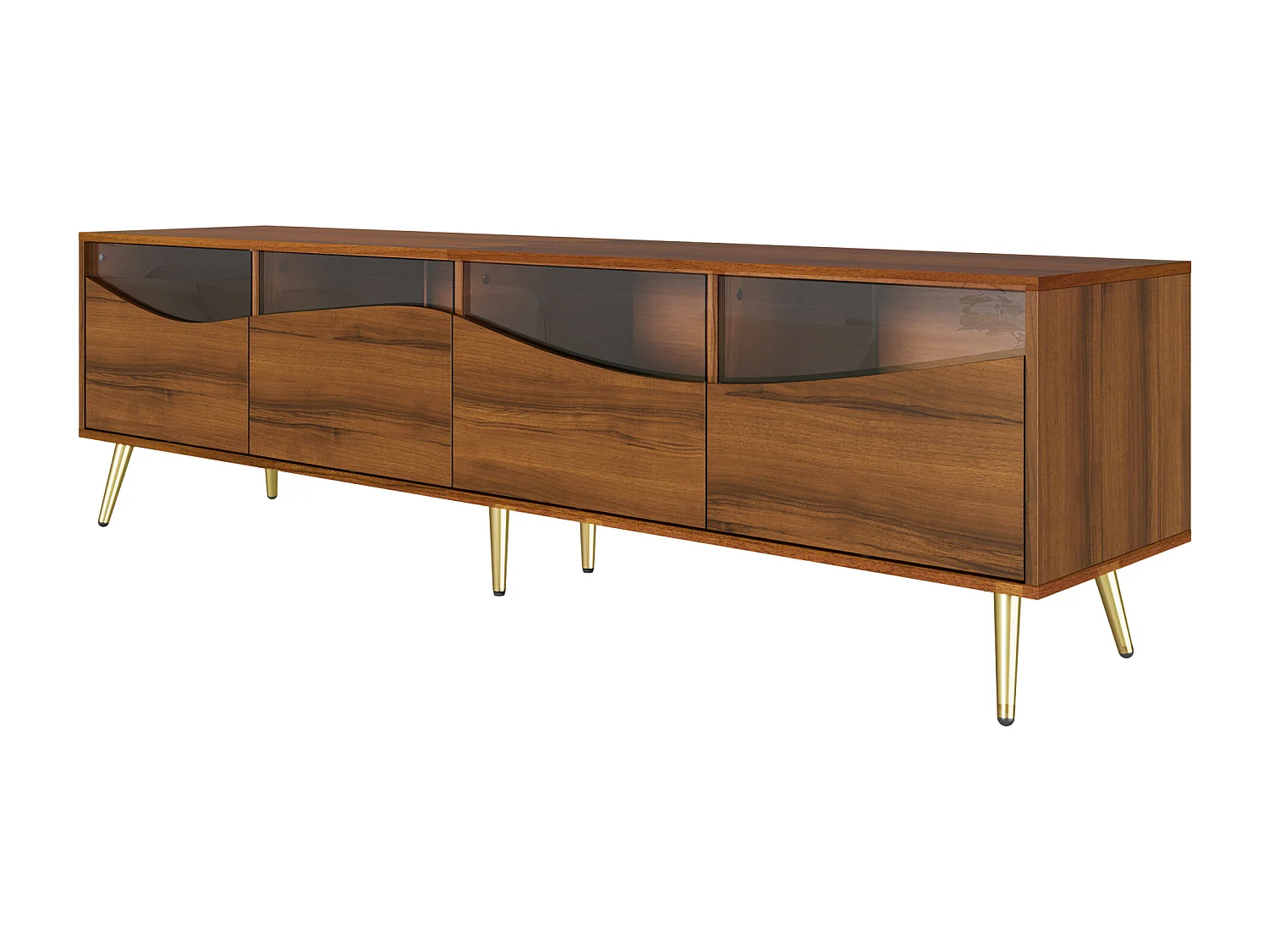 Meuble TV moderne avec éclairage LED, structure en MDF, pieds en métal doré, façades en verre et rangement (180 x 40 x 50 cm)