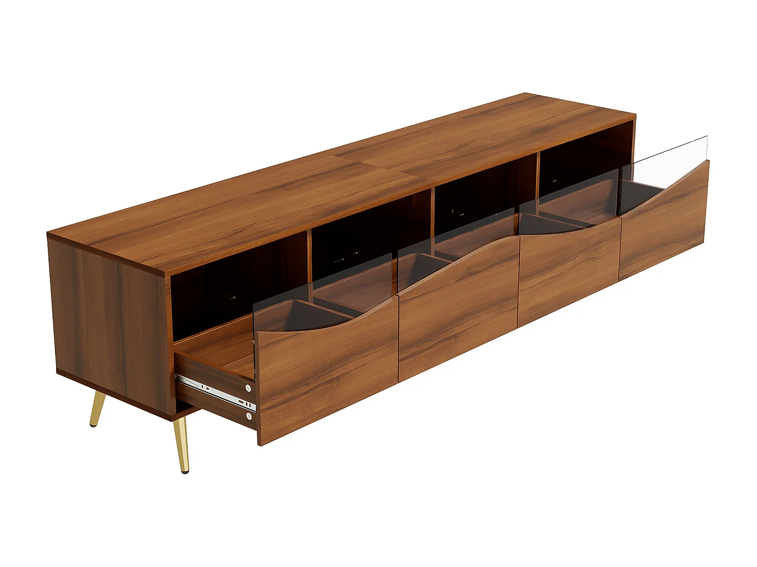 Meuble TV moderne avec éclairage LED, structure en MDF, pieds en métal doré, façades en verre et rangement (180 x 40 x 50 cm)