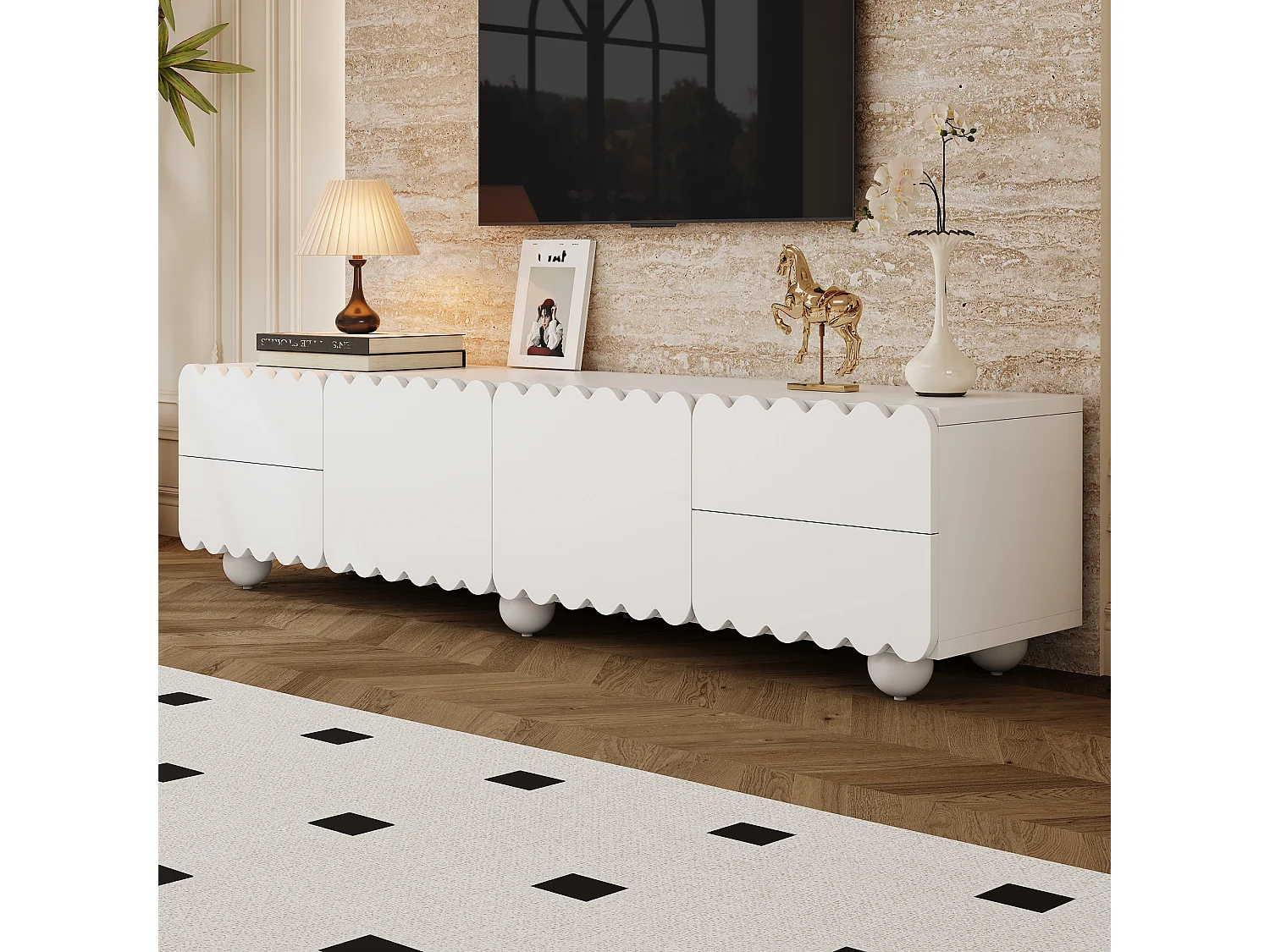 Laag tv-meubel, gebogen lijnen en vlakke voorkant, MDF en spaanplaat, wit, (175x38x37cm)