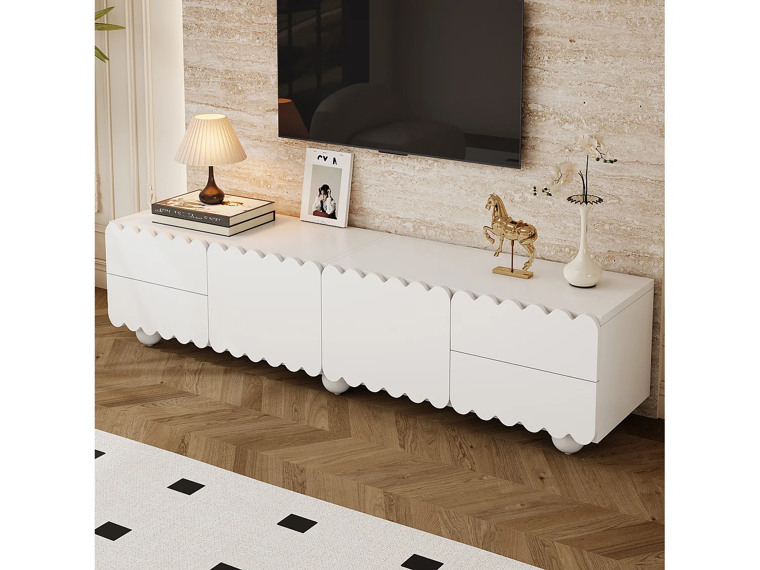 Laag tv-meubel, gebogen lijnen en vlakke voorkant, MDF en spaanplaat, wit, (175x38x37cm)