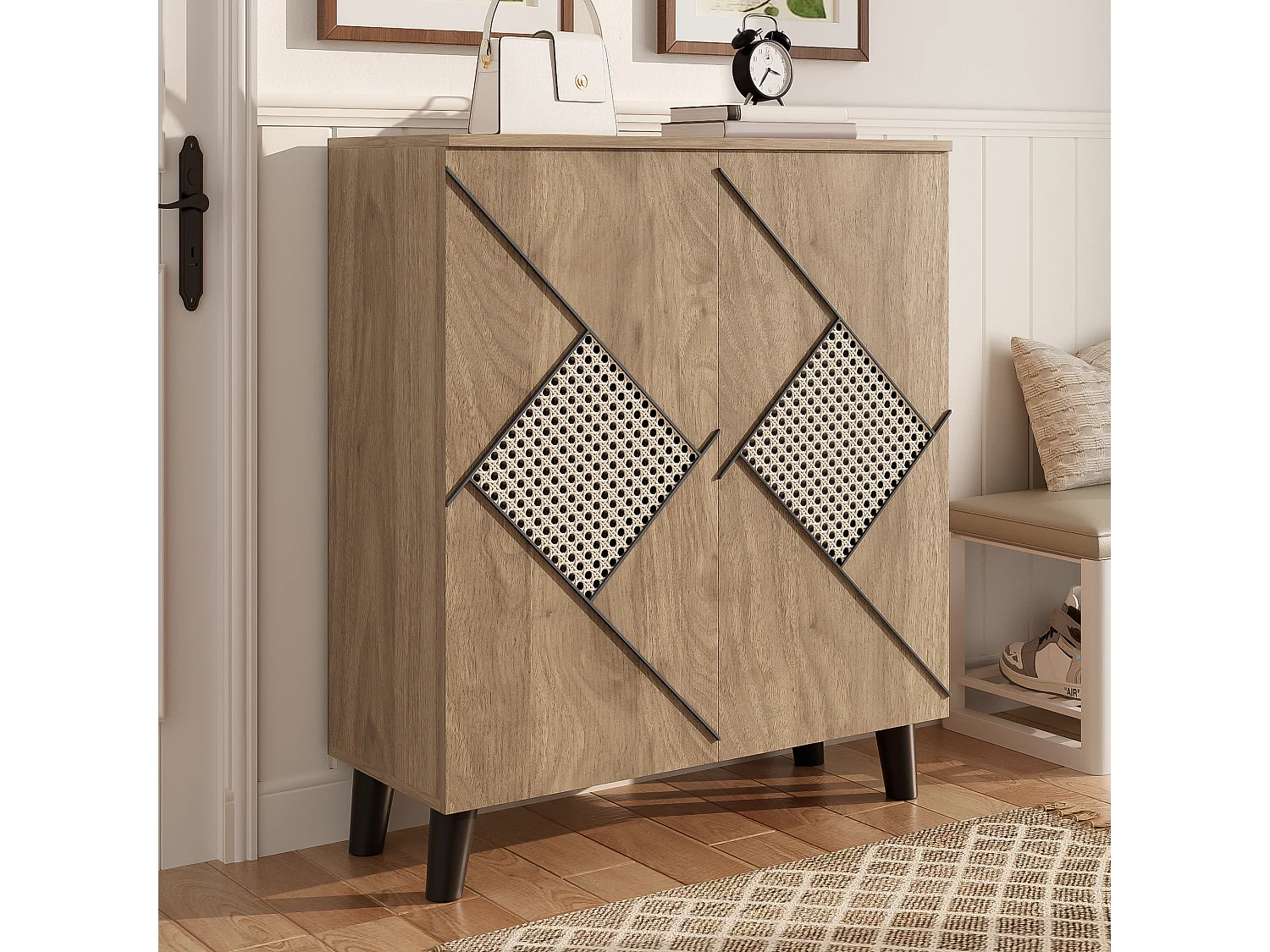 Meuble à chaussures avec portes fermées et motif rotin décoratif, panneaux de particules, bois (80x32x91cm)