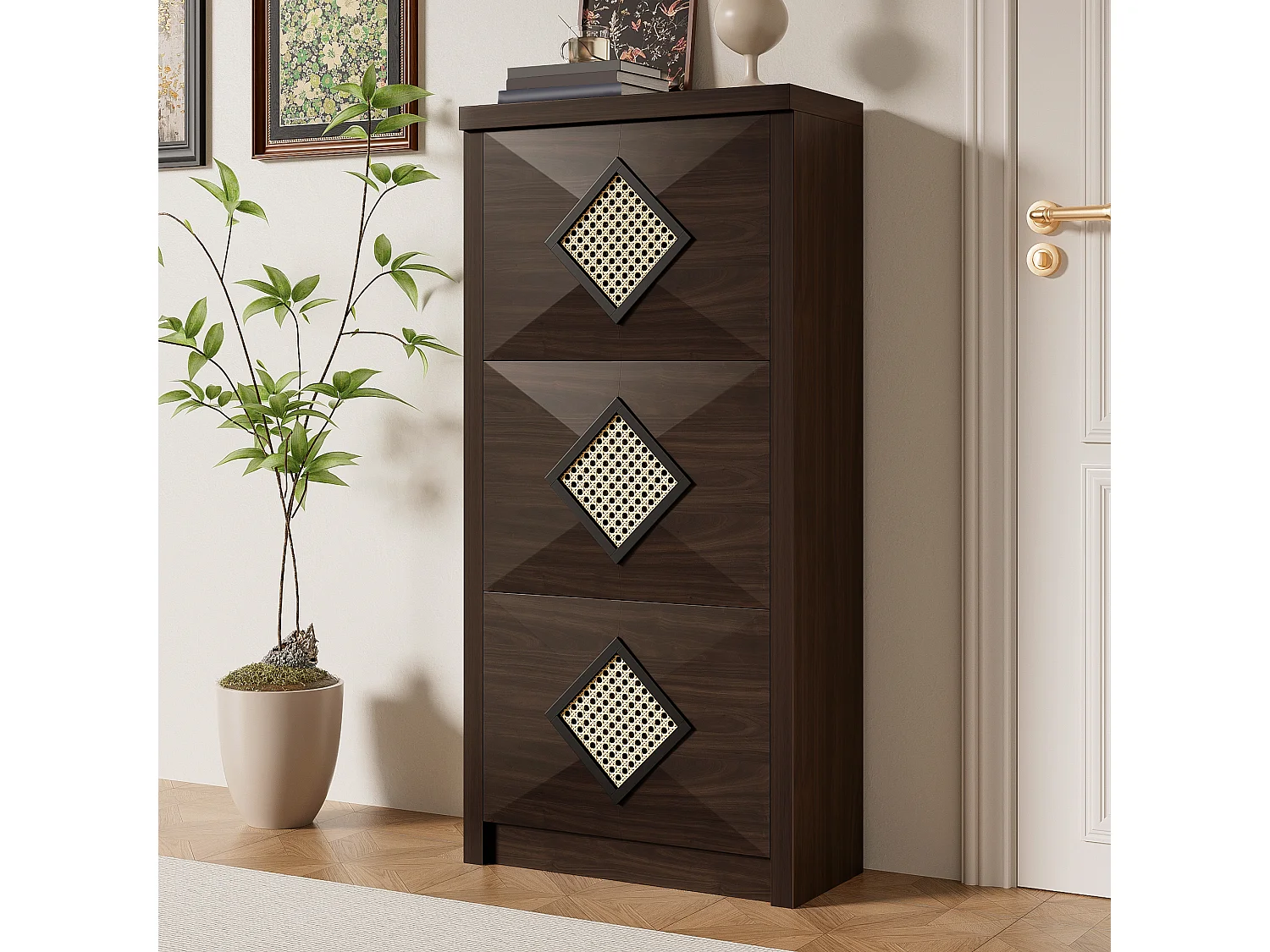 Meuble à chaussures à abattants, décor en rotin, panneaux de particules, bois foncé (54x25x115cm)