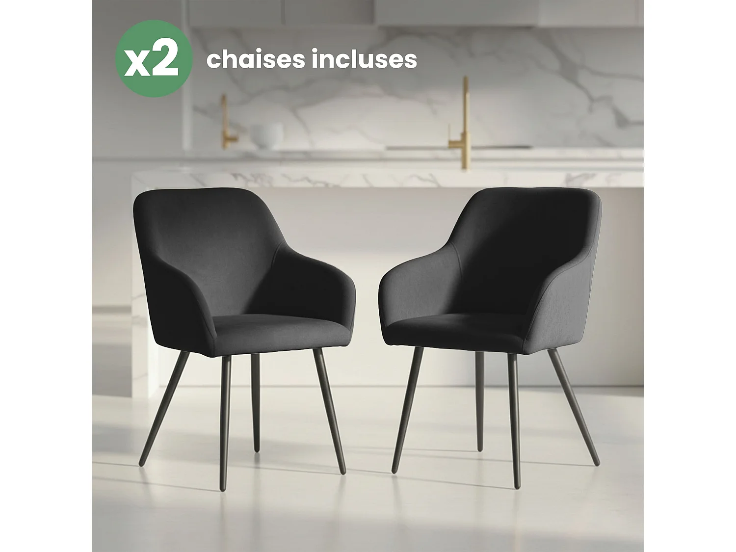 Lot de 2 Chaises en velours lisses ESTELLE Noir pieds noirs