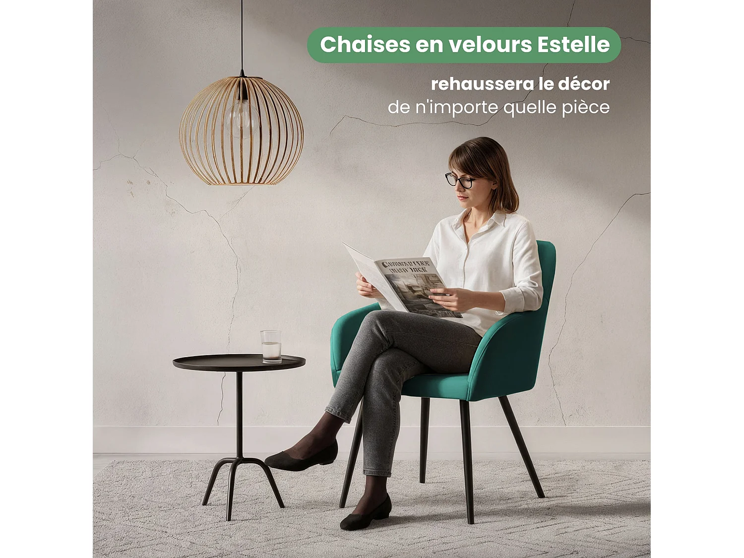 Lot de 2 Chaises en velours lisses ESTELLE Vert Bouteille pieds noirs