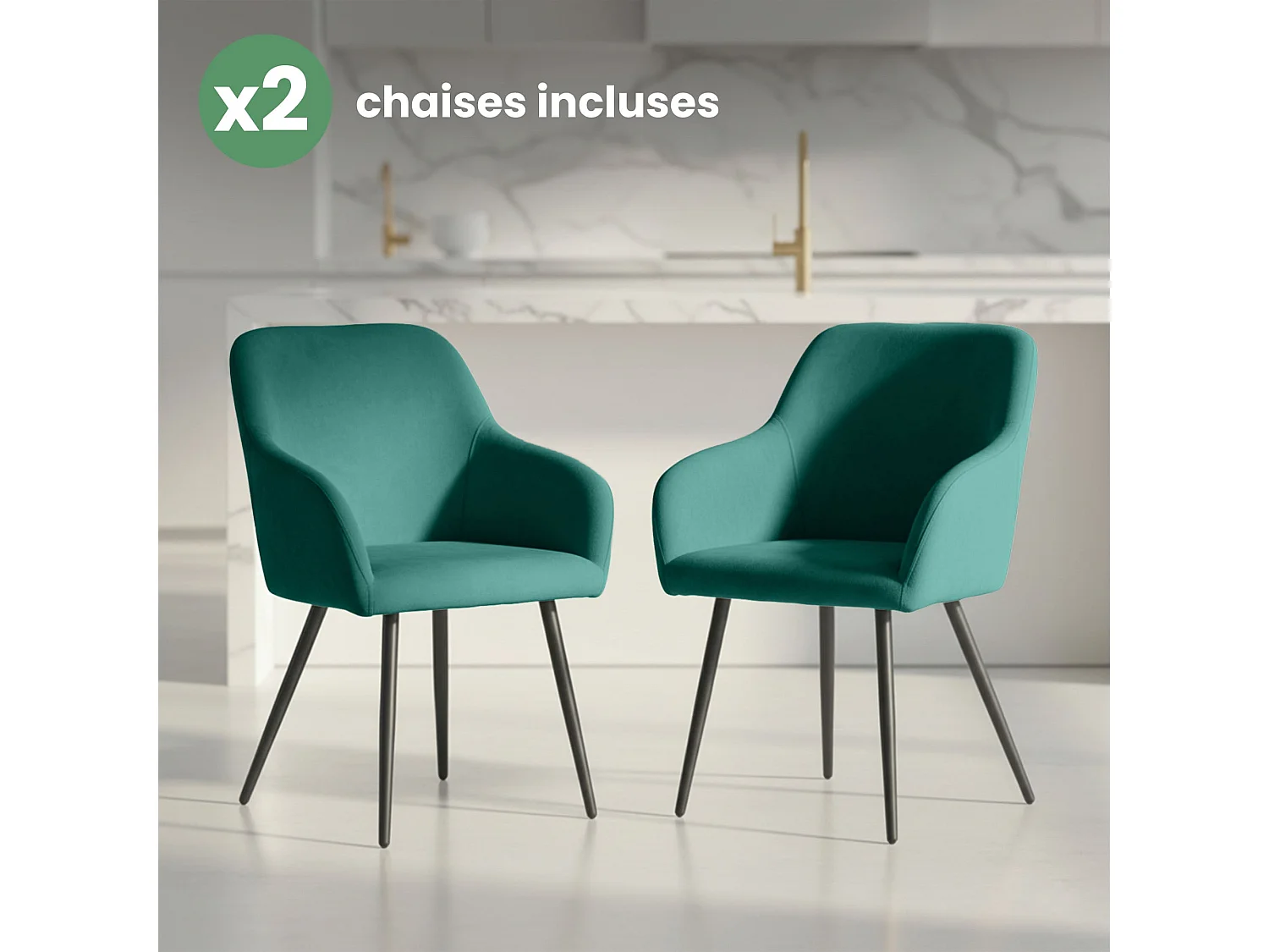 Lot de 2 Chaises en velours lisses ESTELLE Vert Bouteille pieds noirs