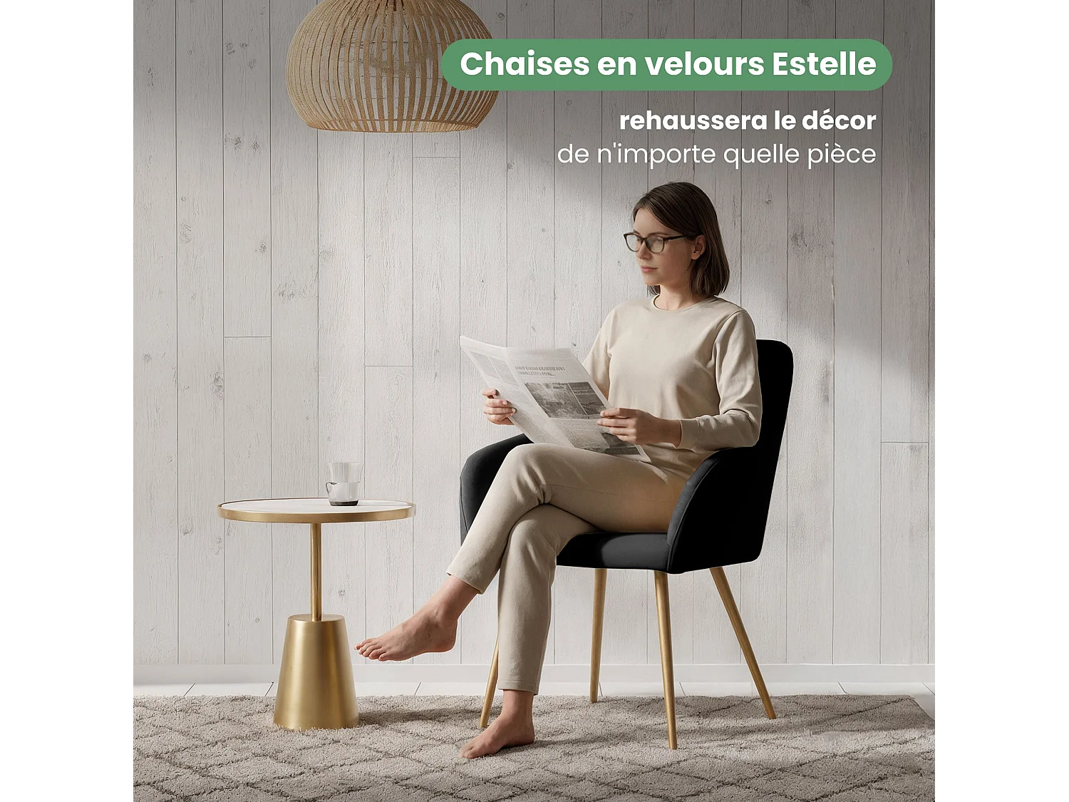 Lot de 2 Chaises en velours lisses ESTELLE Noir pieds dorés