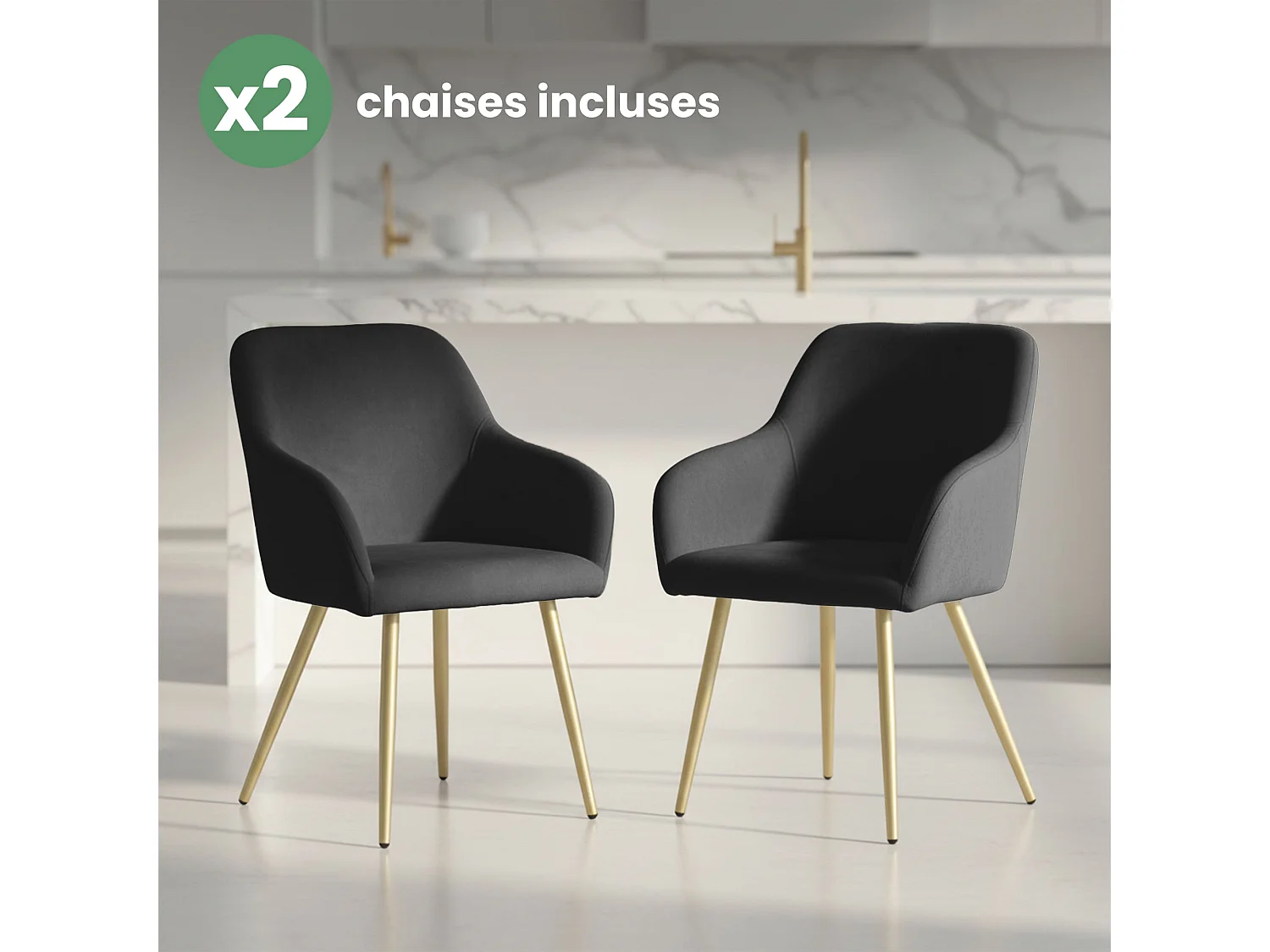Lot de 2 Chaises en velours lisses ESTELLE Noir pieds dorés